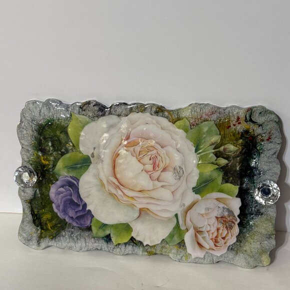 Vintage Floral Resin Tray with Crystal Handles - Picture 1 of 3